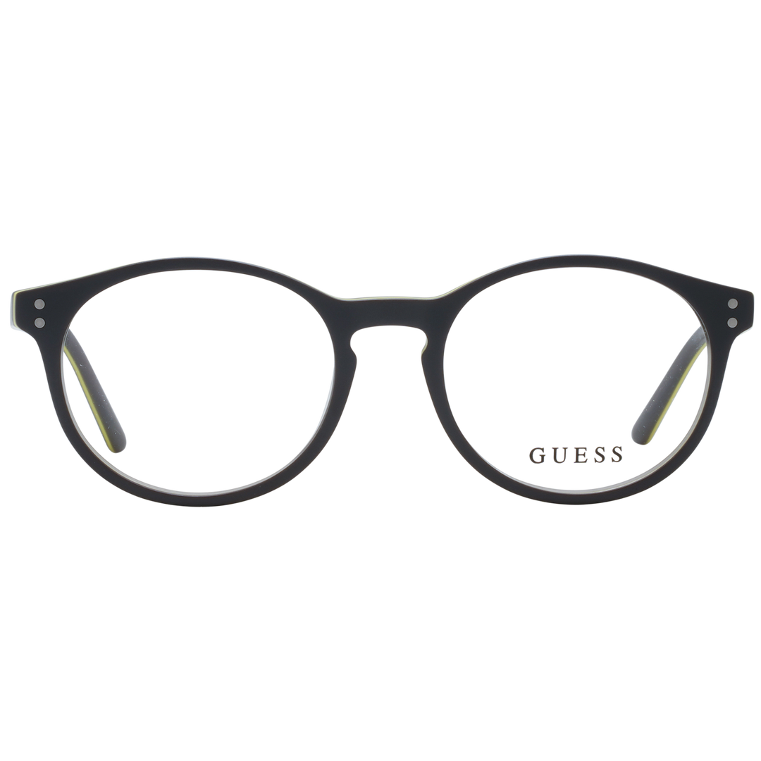 Unisex black round plastic eyeglasses with yellow accents and two silver rivets on each side of frame