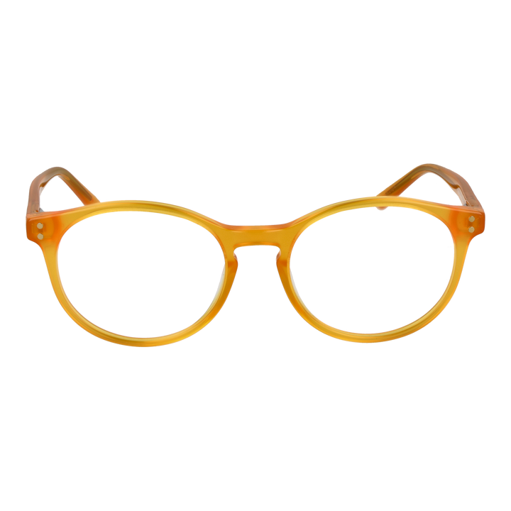 Transparent orange round plastic eyeglasses, two small metal rivets near each hinge, Unisex retro style