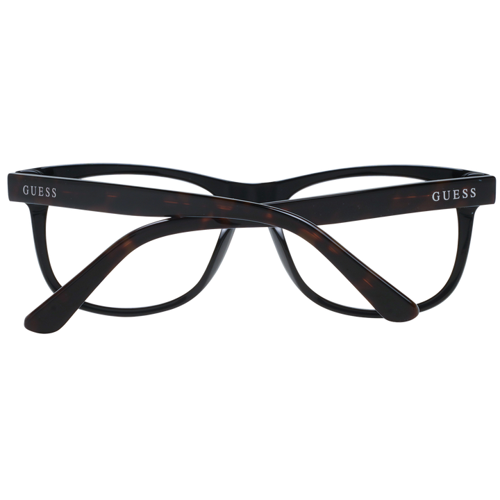 Guess Unisex dark tortoiseshell full-rim rectangular eyeglasses shown front and three-quarter angle highlighting branded temples