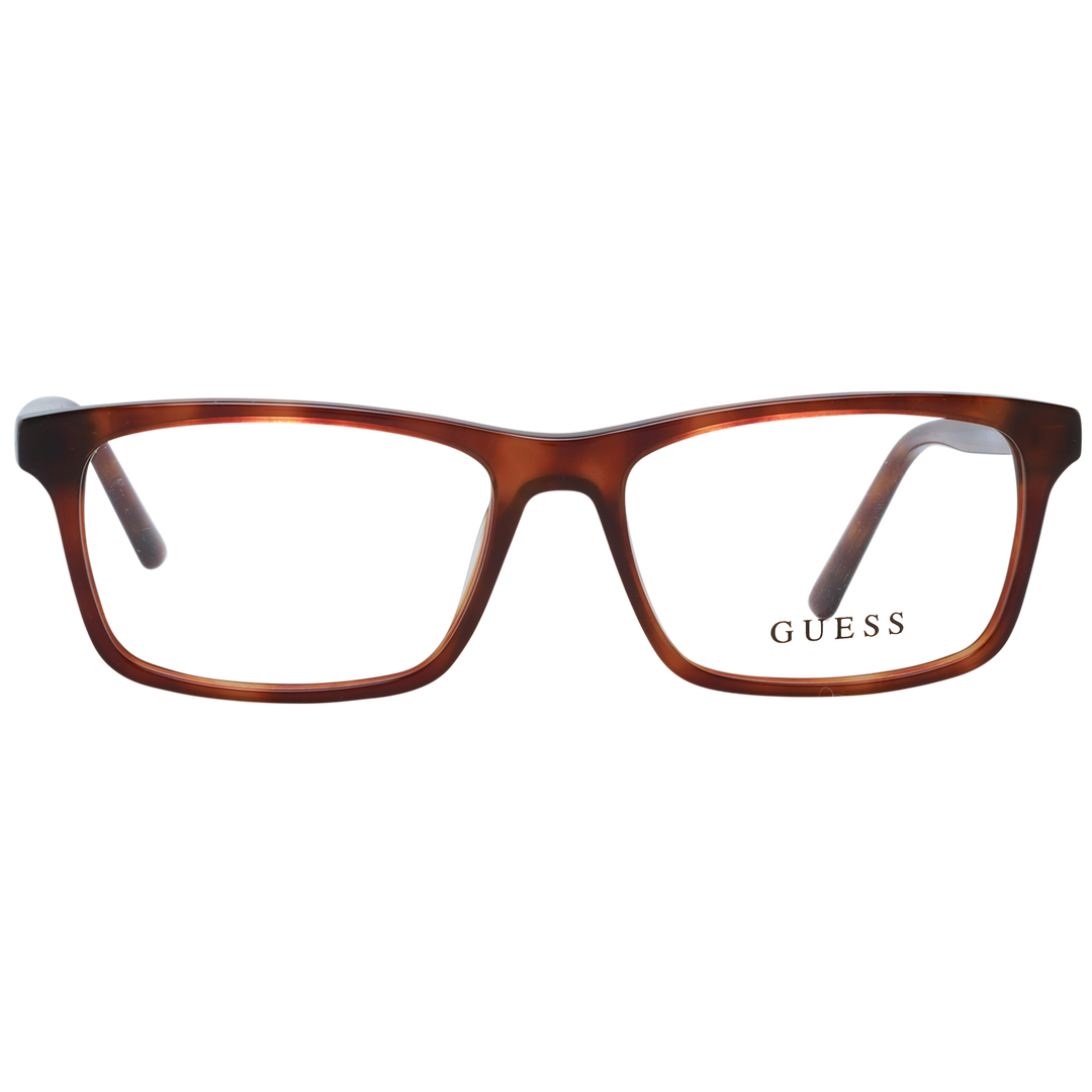 Unisex brown tortoiseshell full-rim rectangular eyeglasses in plastic with transparent lenses on neutral background