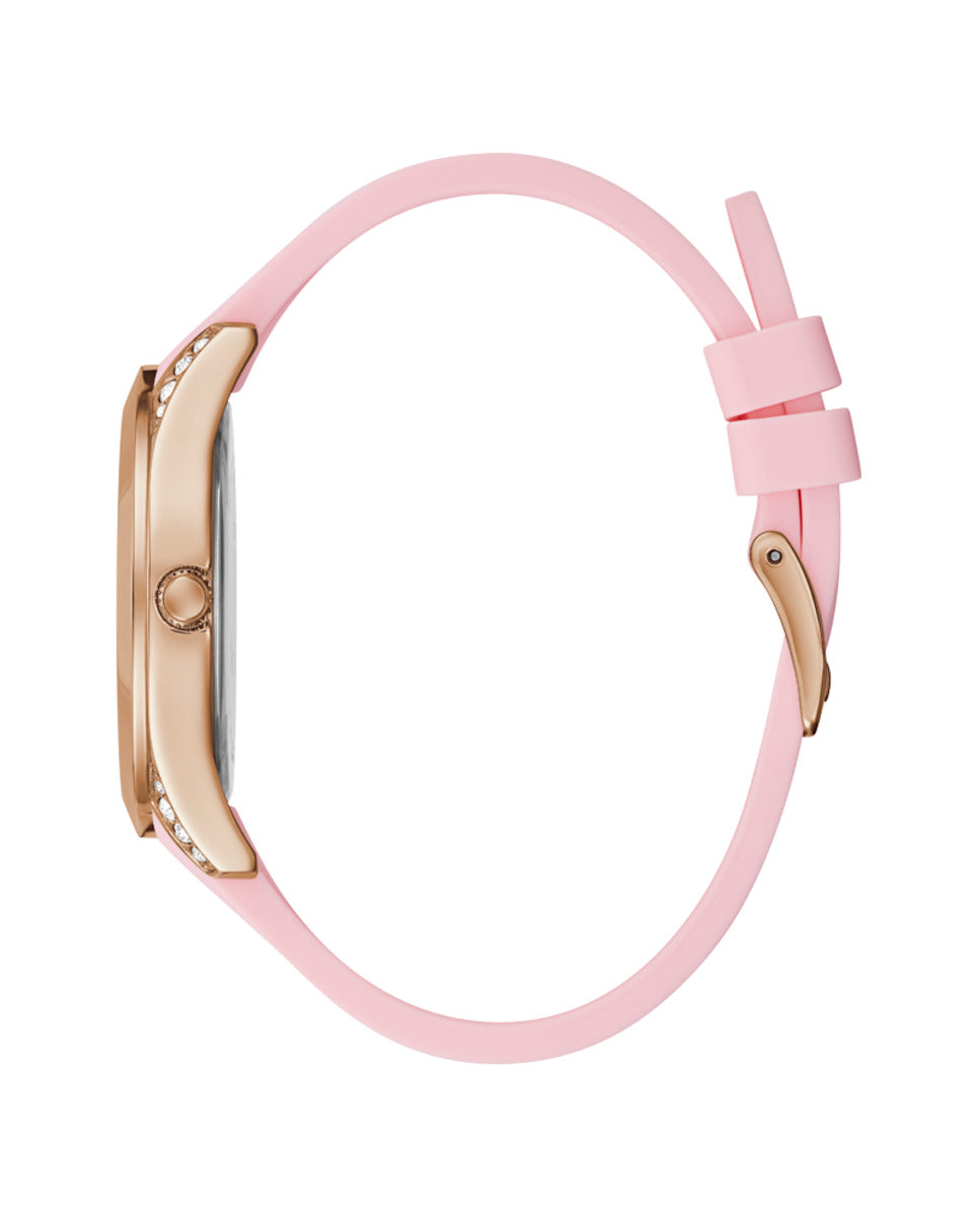 Rose gold wristwatch with light pink dial, crystal accents, and silicon fabric strap for Man