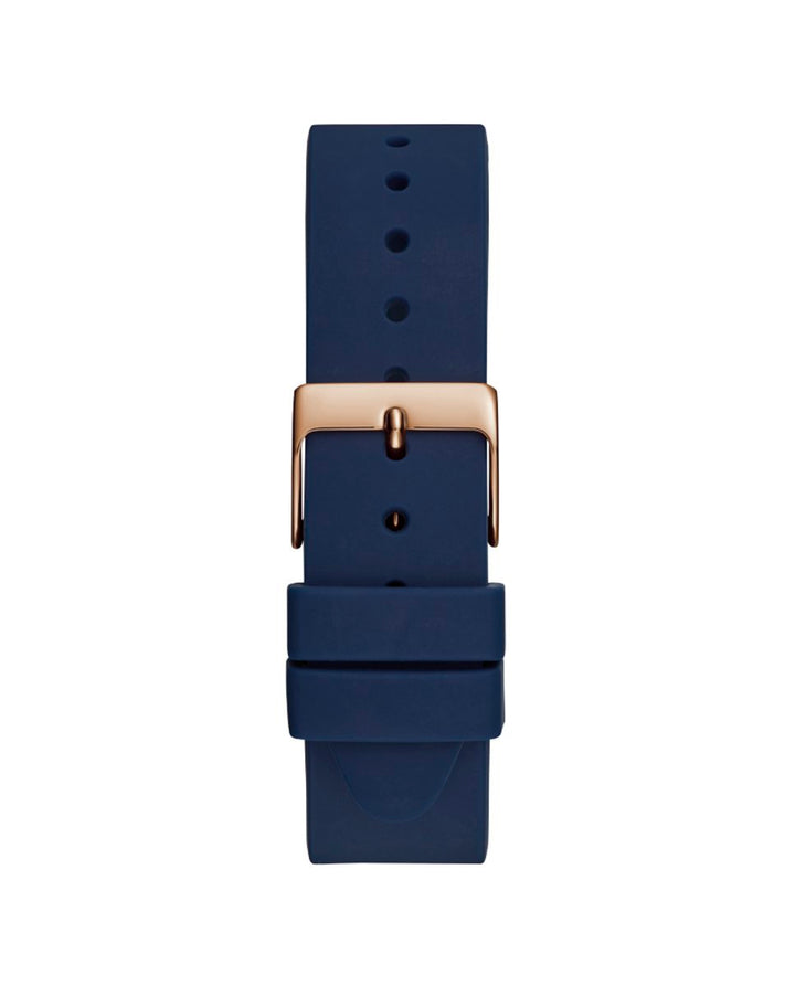 Guess rose gold wristwatch with navy silicone strap and rose gold mineral dial, front-facing on white background