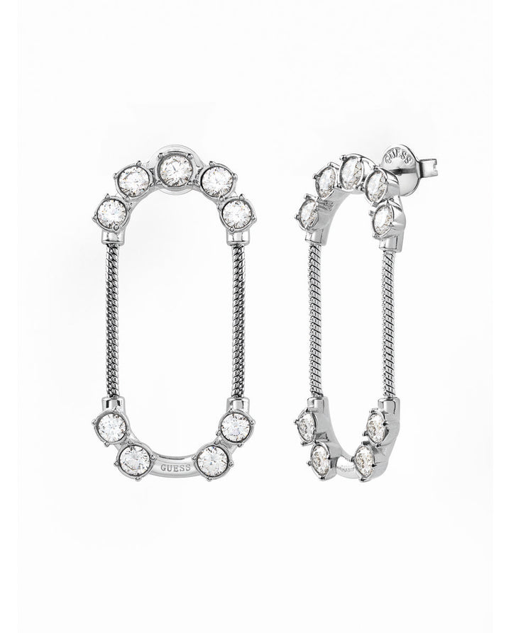Silver oval drop earrings with embedded clear stones and chain connectors on white background