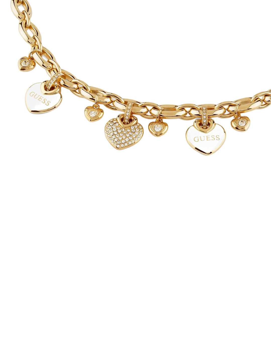 Gold-toned charm necklace for Women with heart-shaped rhinestone charms on link chain