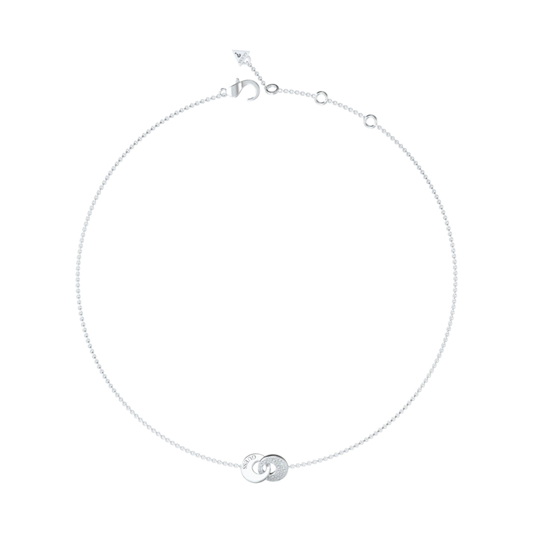 Silver pendant necklace with two interlocking circular charms on a fine chain, adjustable clasp visible