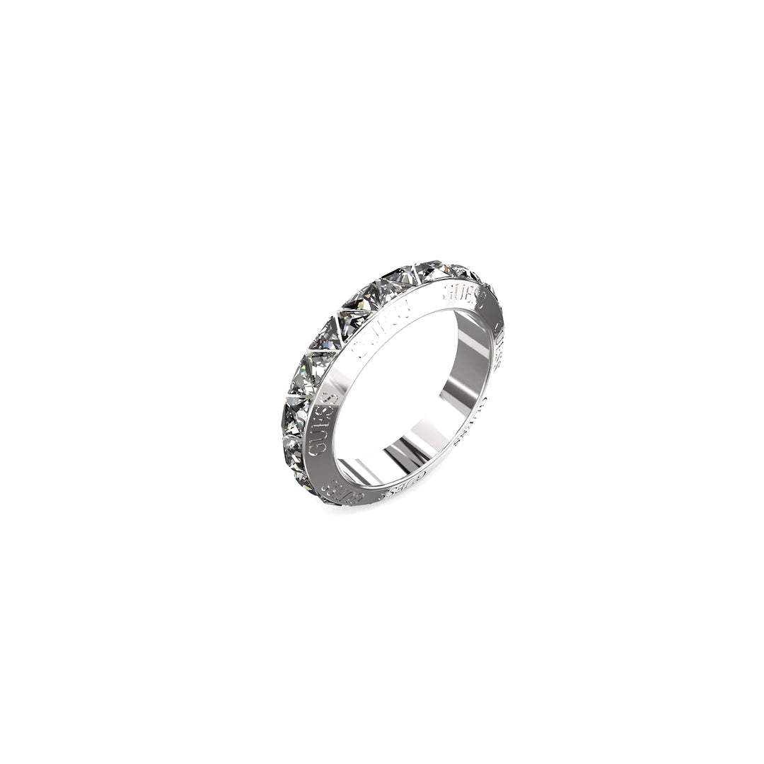 Silver metal ring with clear embedded gemstones and engraved text circling the band, shown on neutral background.