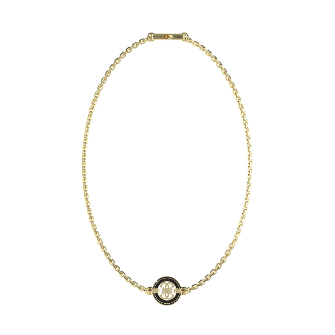 Gold-tone pendant necklace on slim chain featuring round openwork design and engraved clasp on black background.