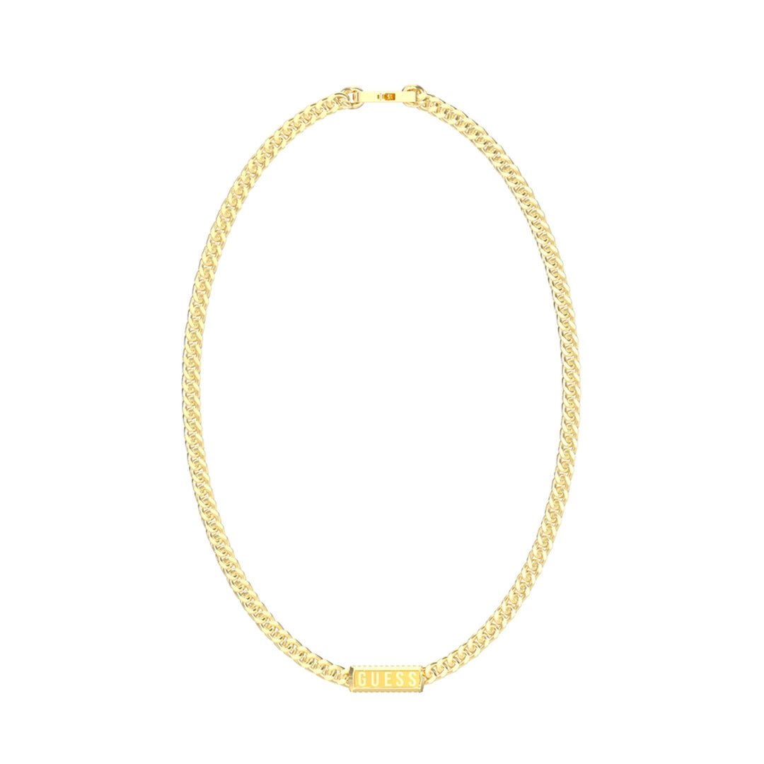 Gold-tone flat chain necklace with rectangular engraved pendant, lobster clasp, studio on white background