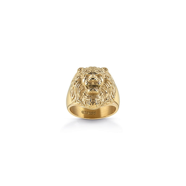 Gold-tone signet ring featuring a detailed three-dimensional lion head and engraved inner band