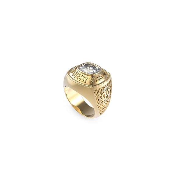 Gold signet ring for Man with large clear gemstone, engraved numbers, and textured sides on metal band