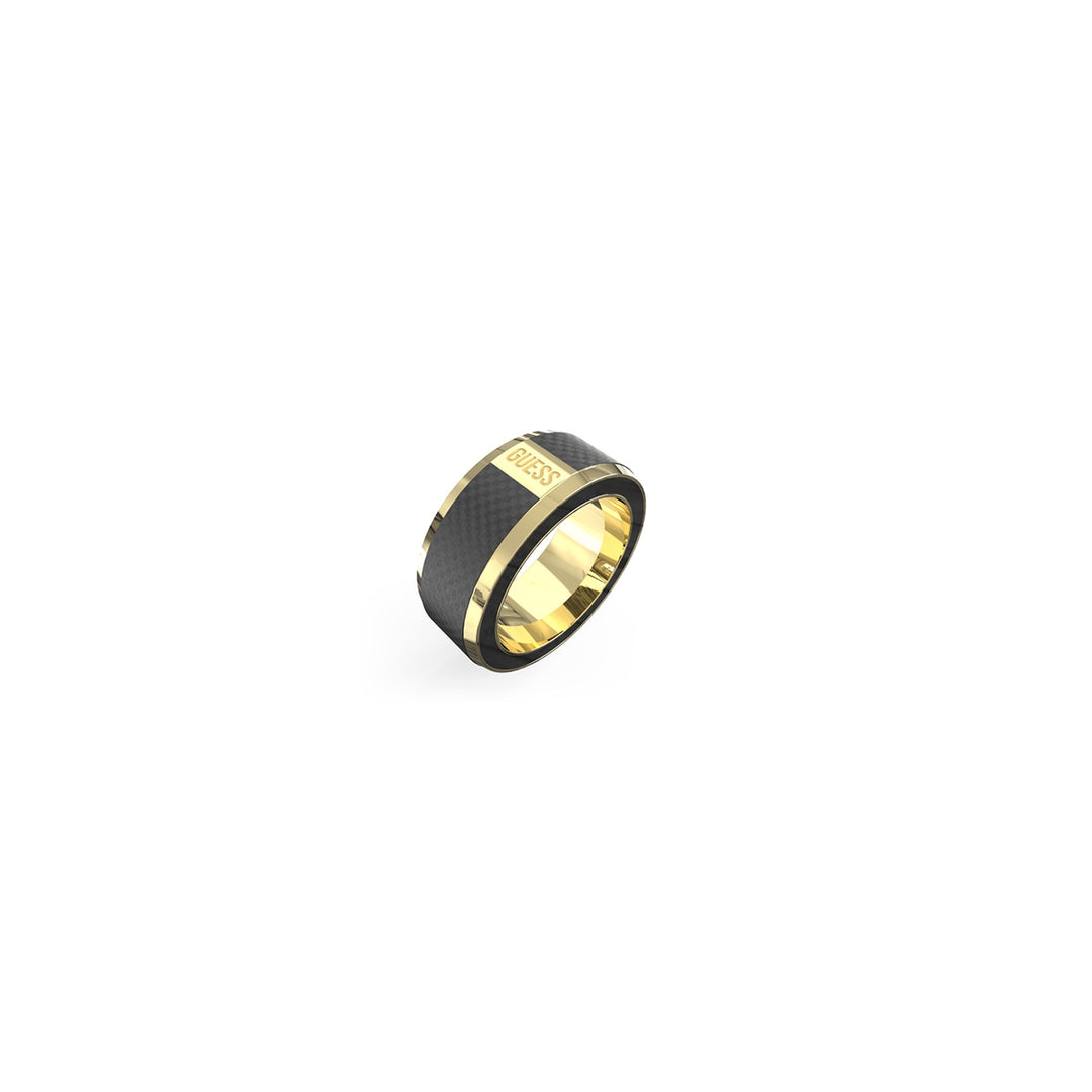 Wide gold band ring with black textured center and polished gold edges on neutral background