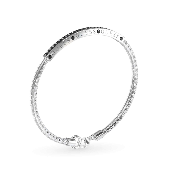 Silver chain bracelet with decorative bar showing black dot accents and a secure clasp, Unisex design