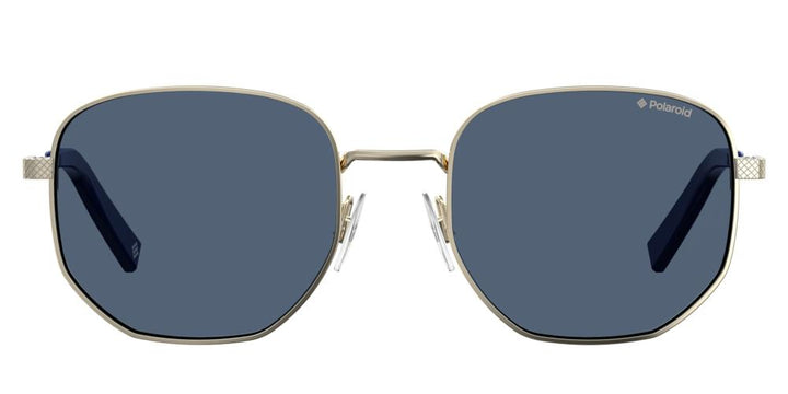 Unisex gold metal sunglasses with blue geometric lenses and blue temple tips, textured temple arms