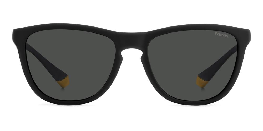 Unisex black and yellow rectangular sunglasses with polarized lenses on white background