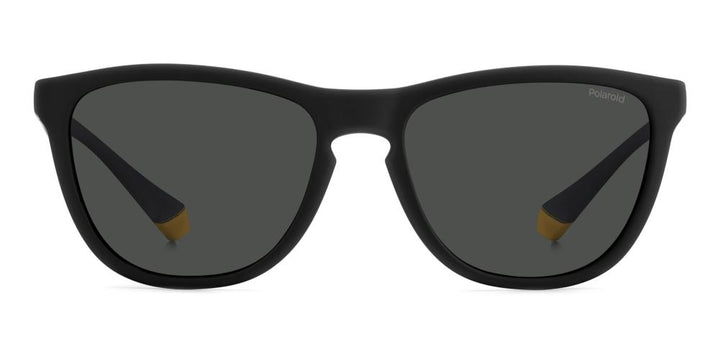 Unisex black and yellow rectangular sunglasses with polarized lenses on white background