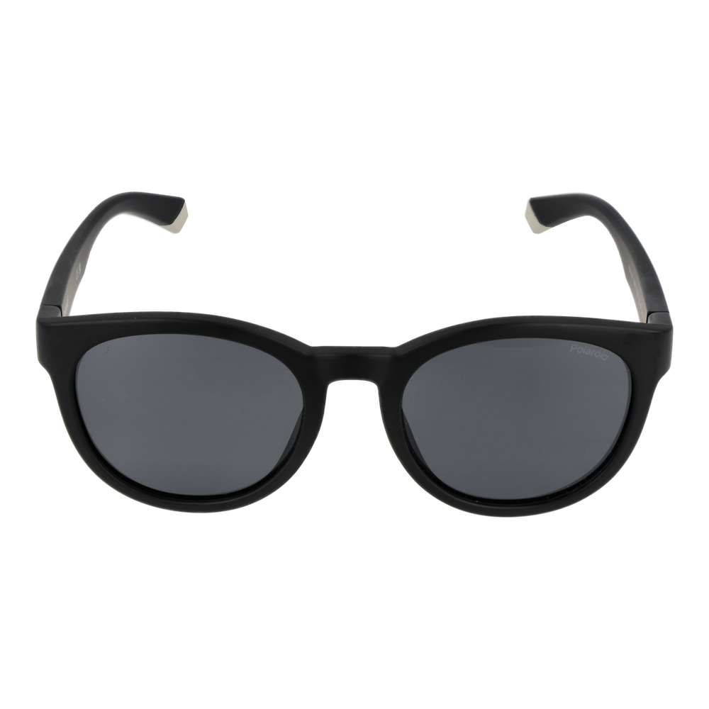 Black Unisex round sunglasses in plastic frame with polarized lenses and silver temple stripes, angled view showing logo