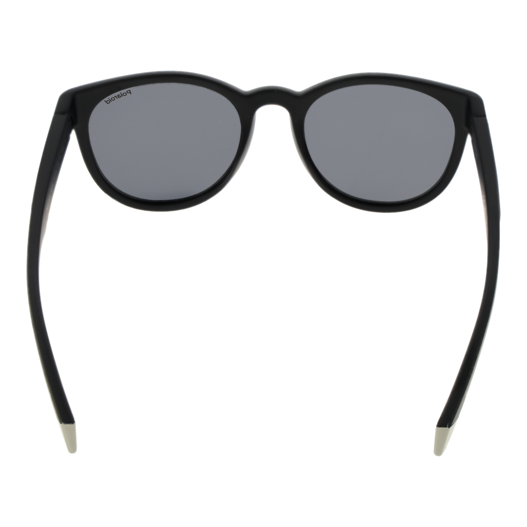 Black Unisex round sunglasses in plastic frame with polarized lenses and silver temple stripes, angled view showing logo