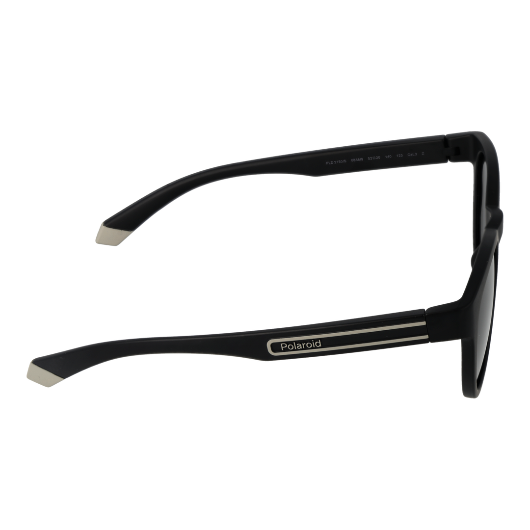 Black Unisex round sunglasses in plastic frame with polarized lenses and silver temple stripes, angled view showing logo