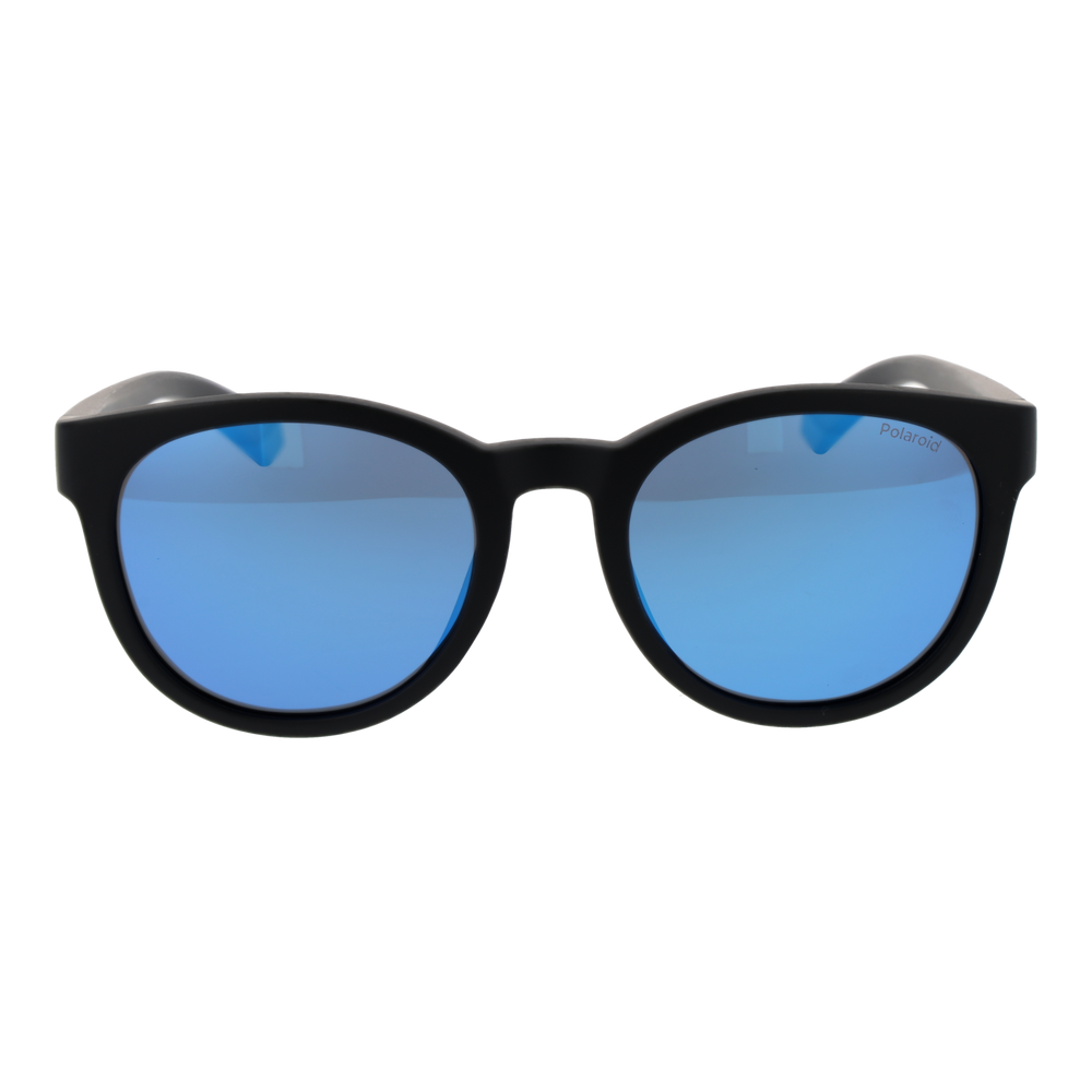 Black round sunglasses with blue polarized lenses and two blue stripes on the arms, Unisex casual style