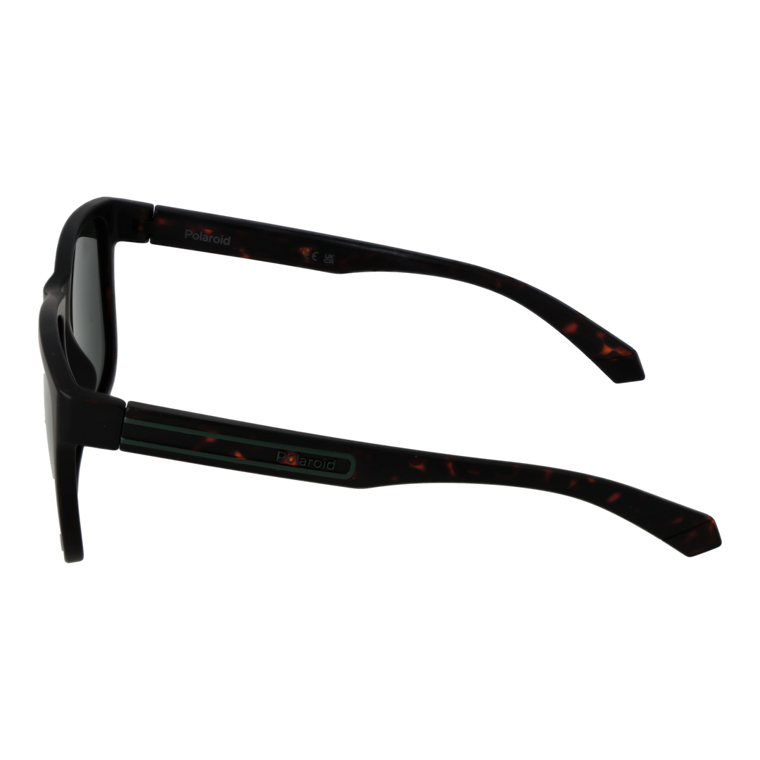 Tortoiseshell rectangular sunglasses in plastic frame with dark green polarized lenses, temple logo visible