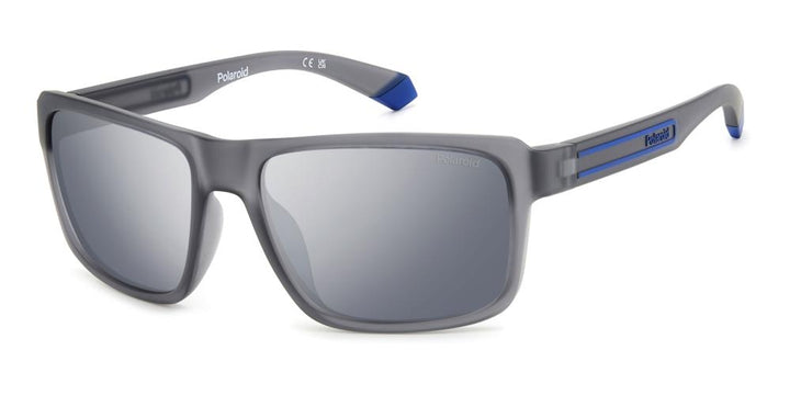 Gray rectangular sport sunglasses with blue accents, polarized lenses and logo on temple and lens