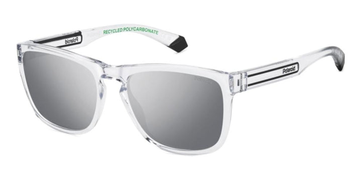 Clear recycled polycarbonate rectangular sunglasses with gray polarized lenses, modern sporty Unisex design