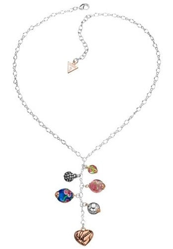 Silver chain necklace with colorful floral beads and heart pendant on pale background