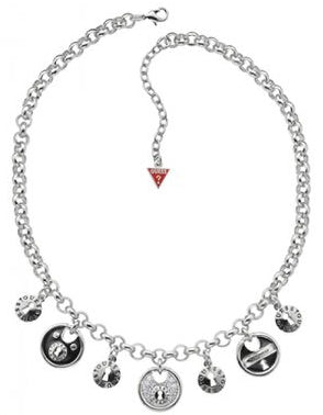 Silver chain necklace with multiple round charms and a small red triangular charm on adjustable clasp