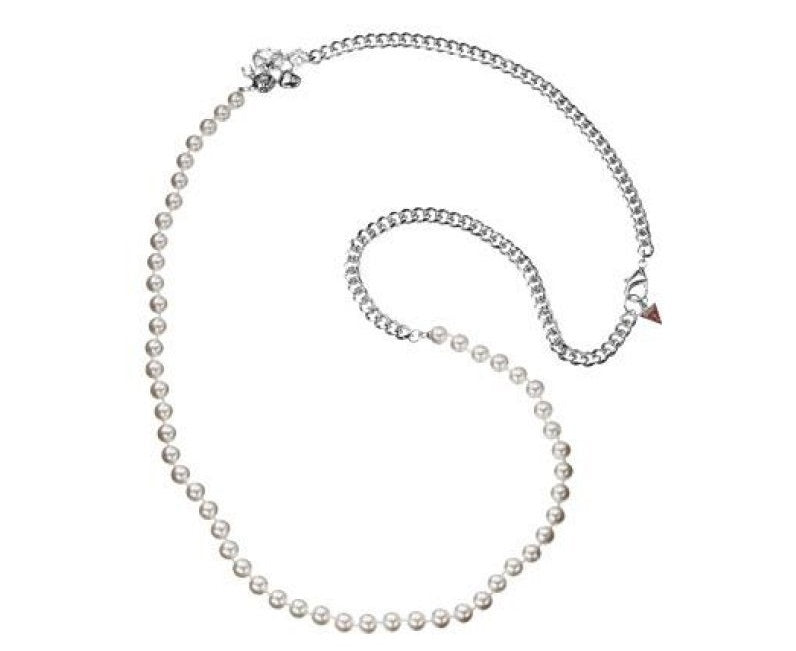 Close-up of silver chain necklace with pearl-like beads and secure clasp on white background