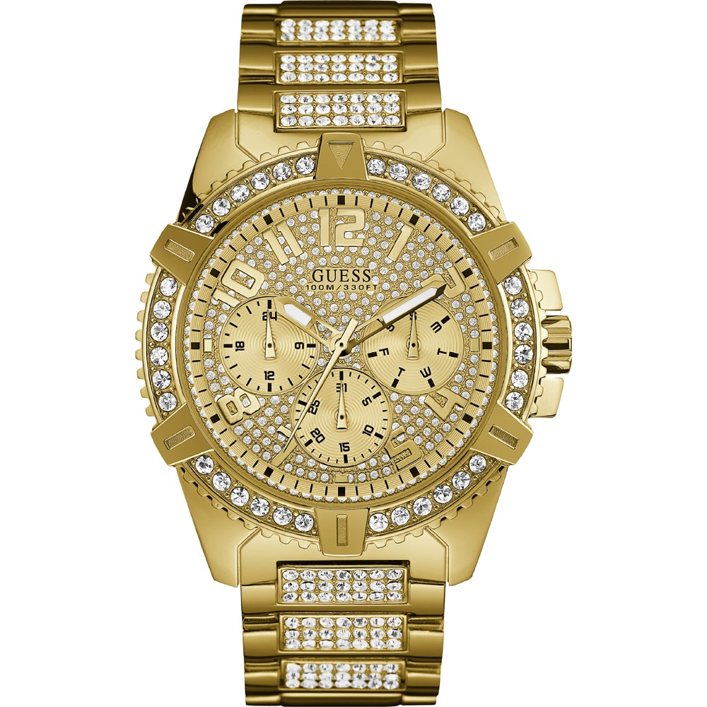 Unisex gold-tone chronograph watch with crystal-studded bezel and bracelet links on neutral background