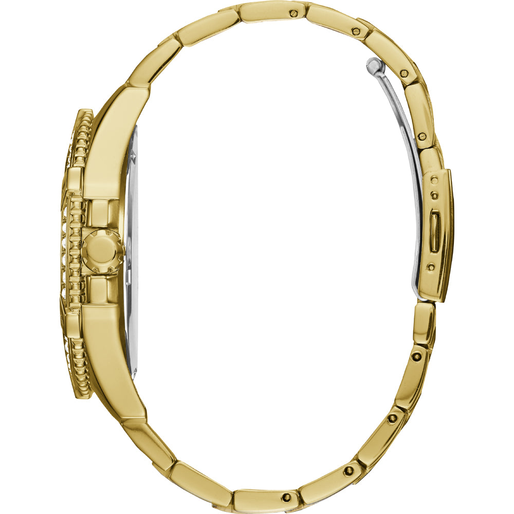 Unisex gold-tone chronograph watch with crystal-studded bezel and bracelet links on neutral background