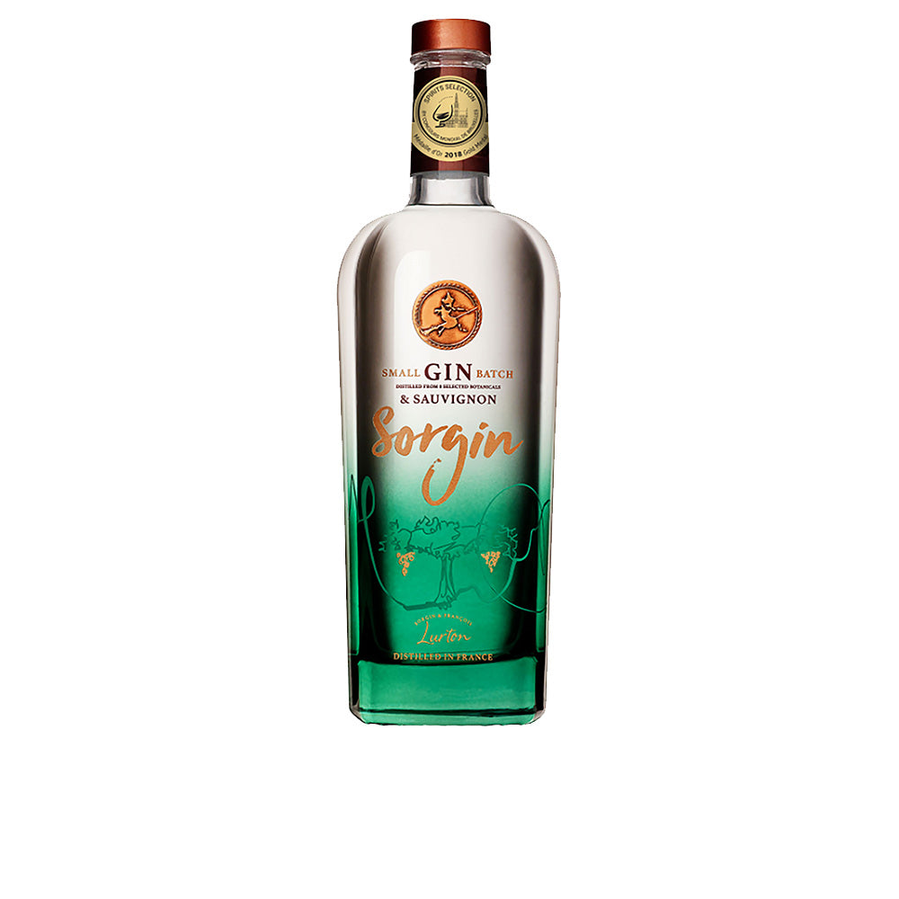 Alambic Sas Green-to-clear glass gin bottle with copper emblem, gold neck seal, grapevine illustration