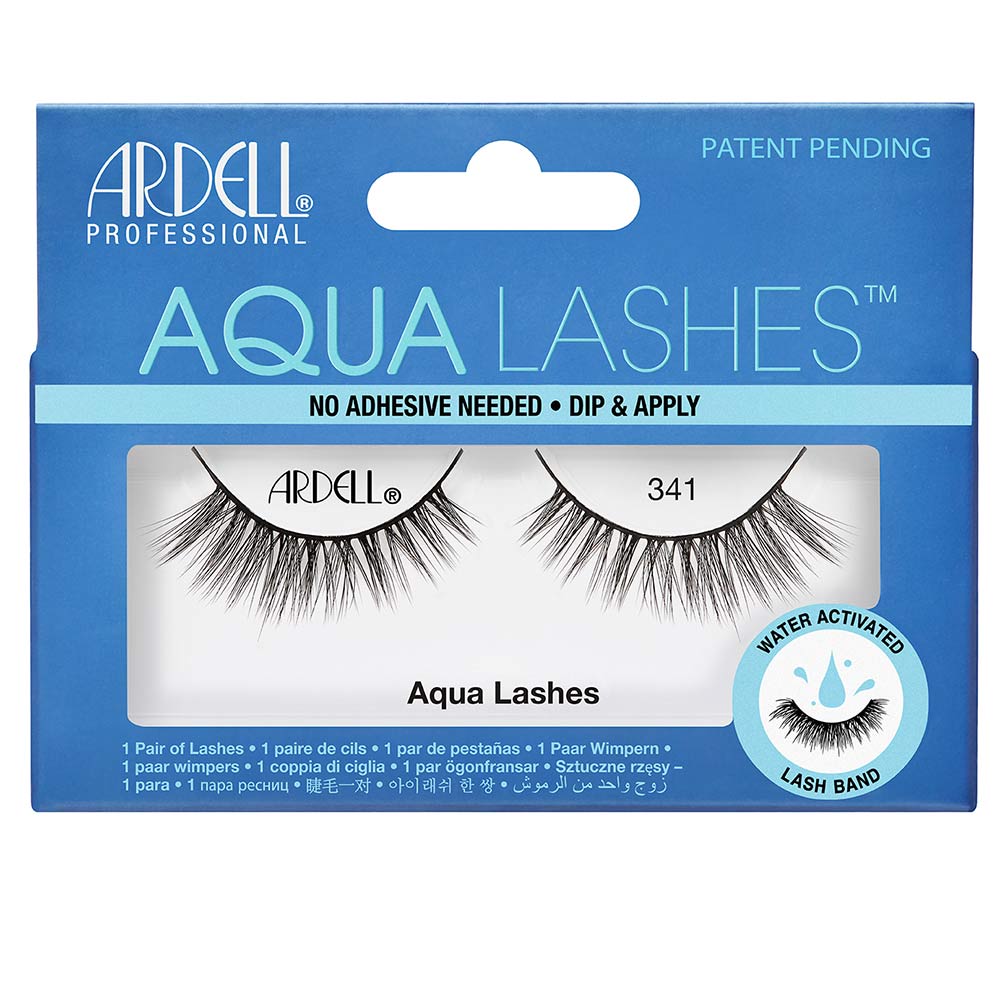 Pair of Aqua Lash 341 water‑activated false lashes on white background, black band visible