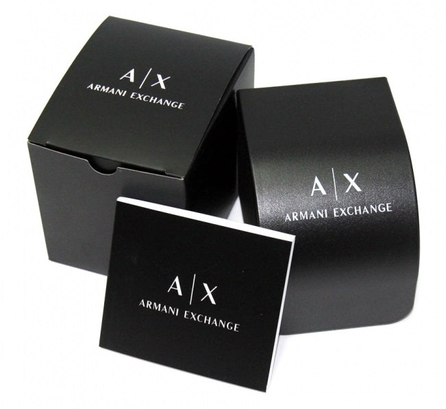 Armani Exchange stainless steel chronograph watch black dial rose gold accents on bracelet