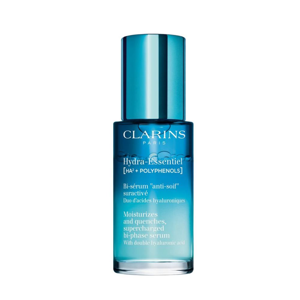 Clarins HYDRA-ESSENTIEL dual-phase hyaluronic serum in slender bottle