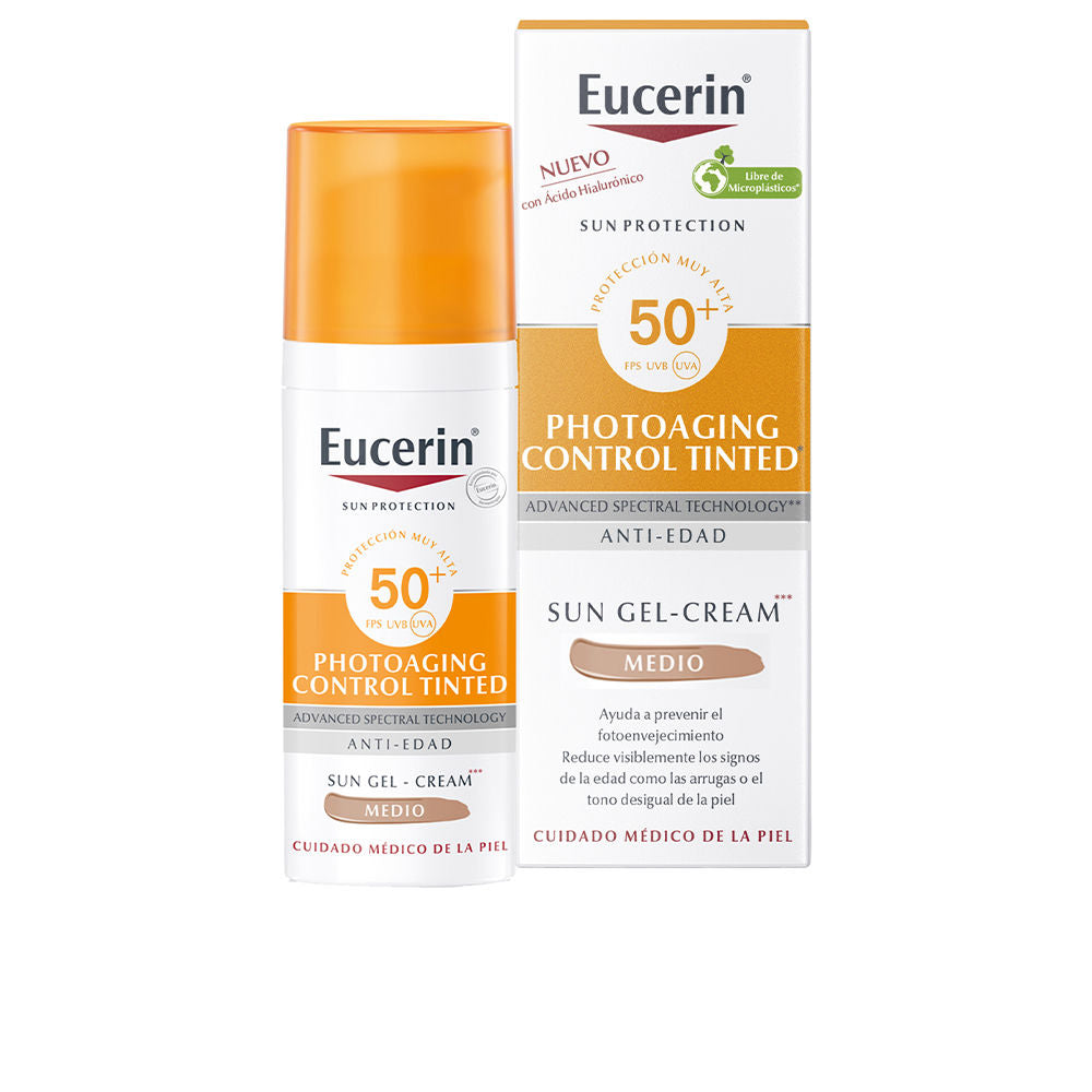 50 ml tinted gel‑cream sunscreen in medium shade, SPF 50+ protective face formula