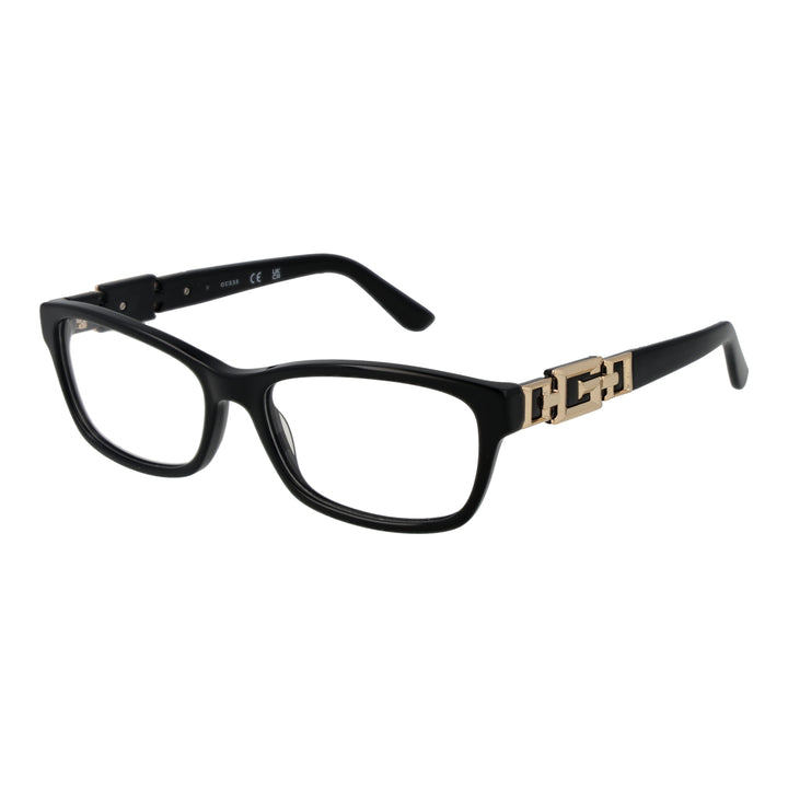 Black plastic rectangular eyeglasses for Women with gold decorative hinge detail, modern full-rim profile
