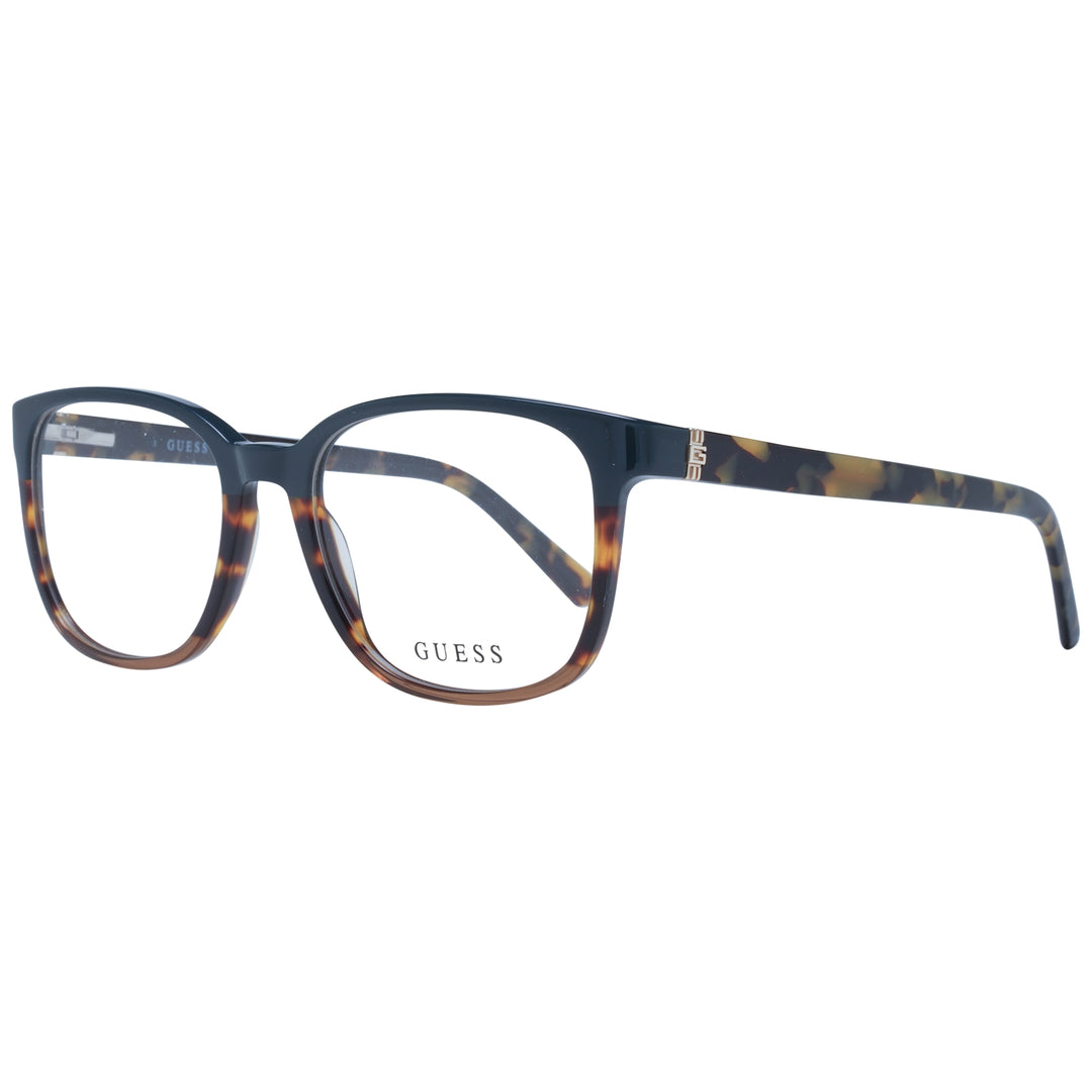 Black and tortoiseshell brown square eyeglasses in plastic with gradient frame and metallic temple logo