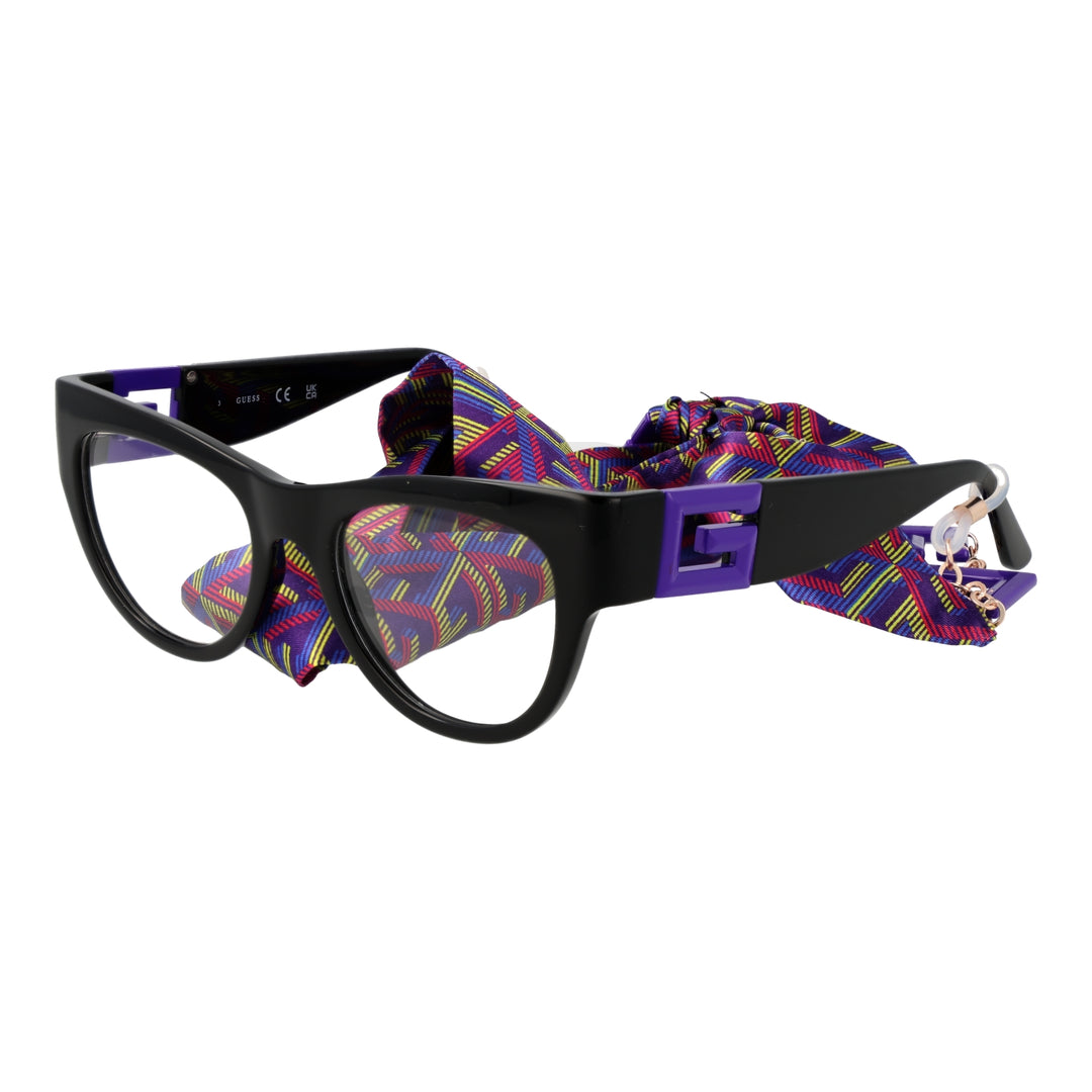 Black cat-eye eyeglasses with purple G temples and attached multicolor patterned fabric scarf for Women