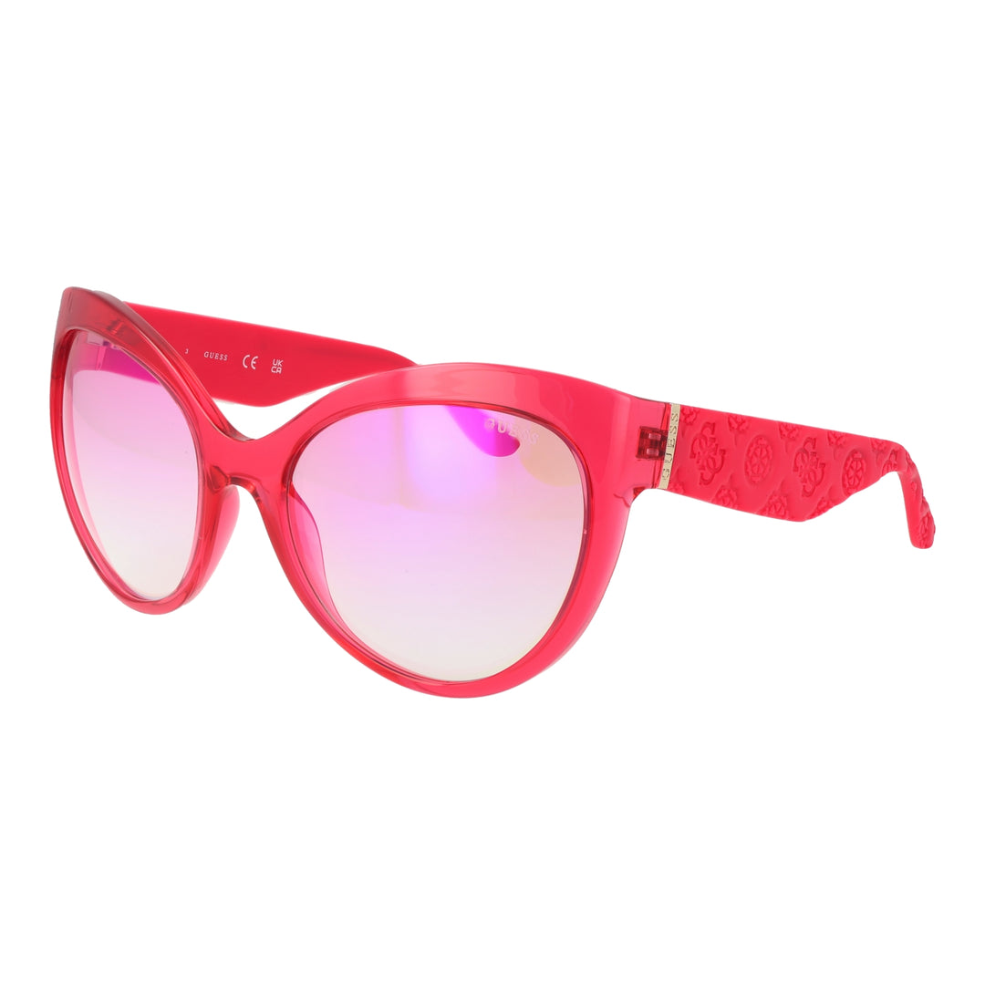 Red plastic cat-eye sunglasses with gradient lenses and embossed patterned temples, metal logo accent on temples