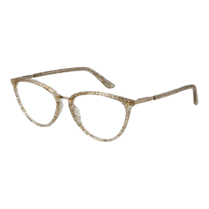 Gold metal and clear acetate cat-eye eyeglasses with embedded glitter, gold temples, front view on neutral background