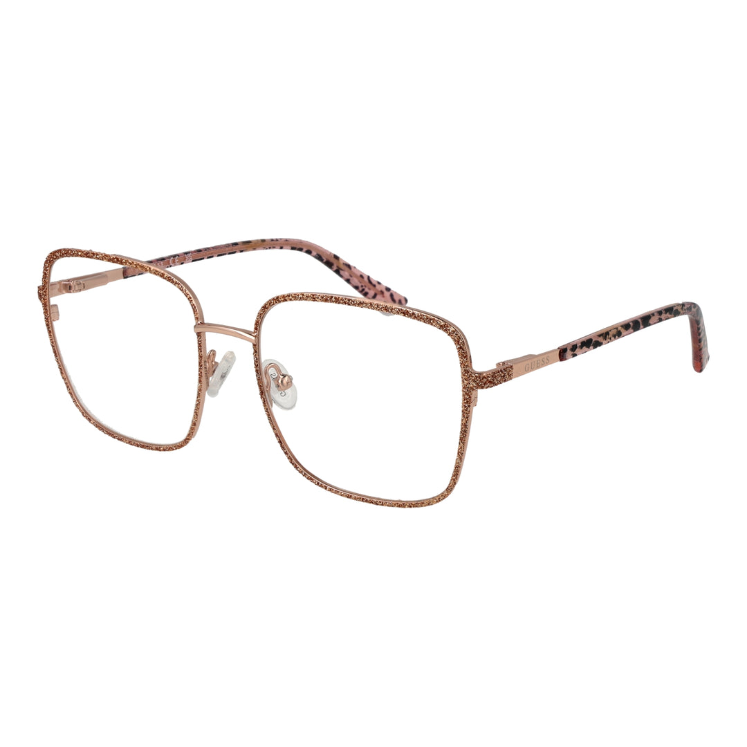 Rose-gold metal square eyeglasses with glittery front, black patterned temple tips, adjustable nose pads