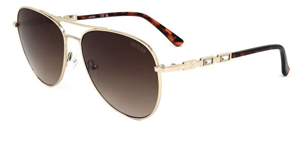 Gold metal aviator sunglasses with brown gradient lenses and tortoiseshell temple tips on red case