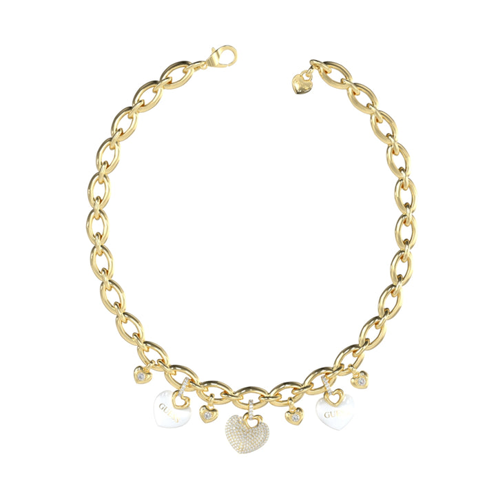 Gold-toned charm necklace for Women with heart-shaped rhinestone charms on link chain