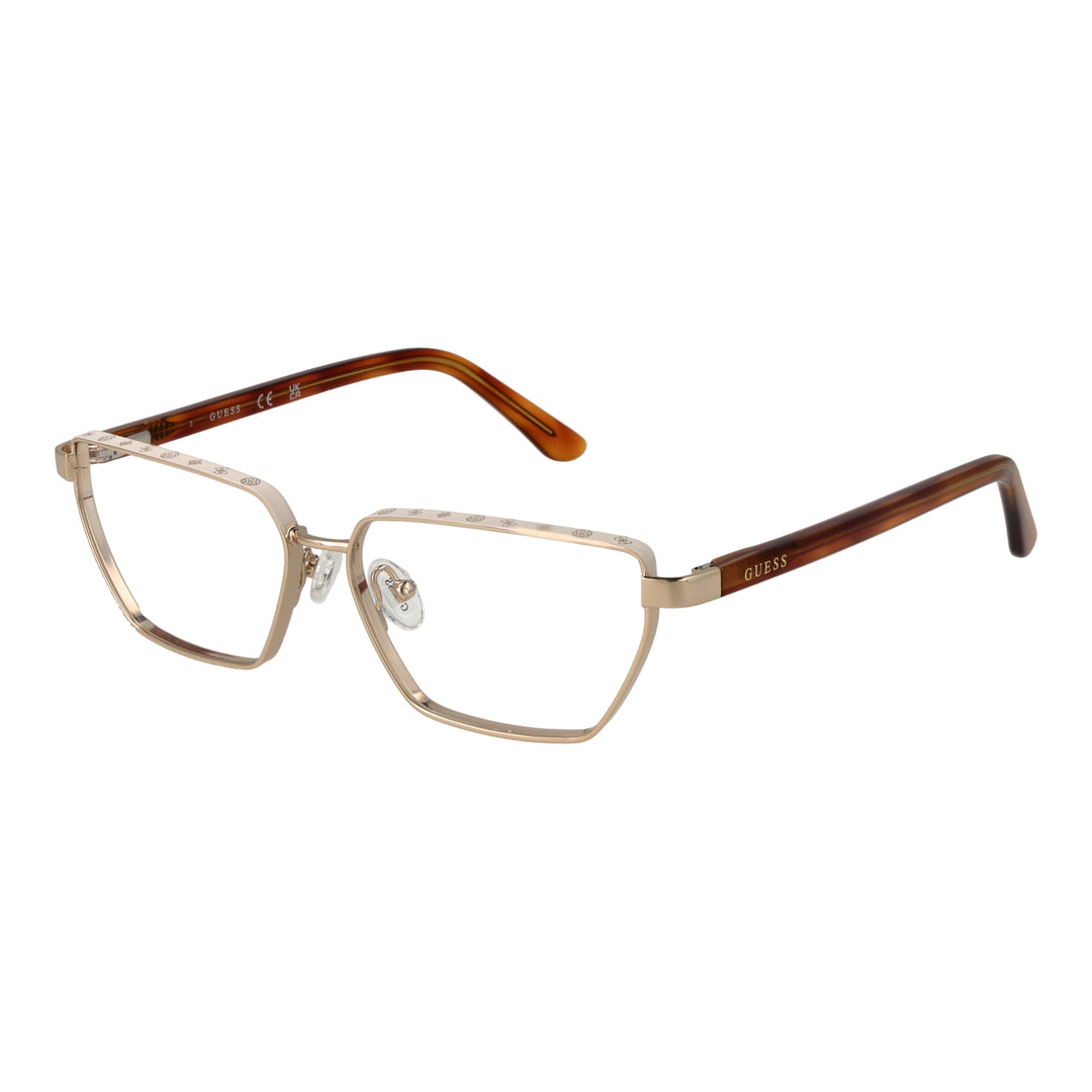 Unisex gold metal geometric eyeglasses with rectangular brown lenses and decorative top-frame pattern, plastic temple tips