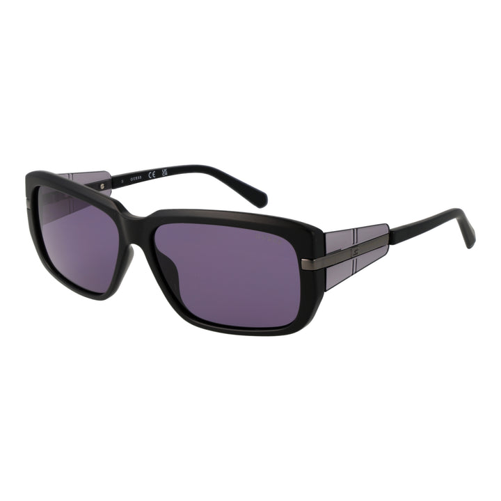 Black plastic rectangular sunglasses with purple lenses and decorative metal-accented side panels on neutral background