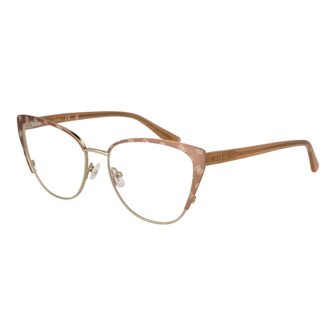 Brown patterned cat-eye eyeglasses with gold metal temples and clear nose pads for Women, front three-quarter view