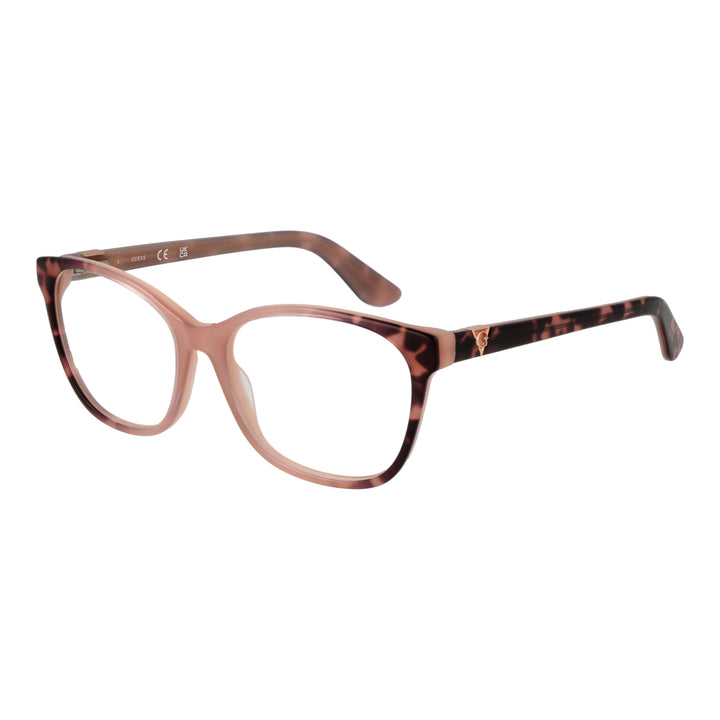 Pink and tortoiseshell full-rim rectangular eyeglasses with decorative metal logo on temples