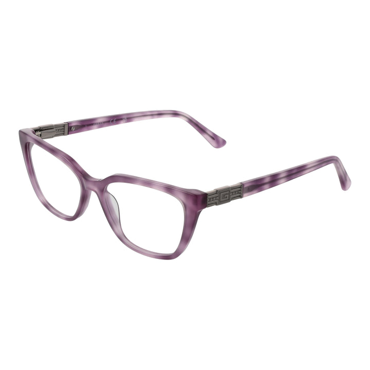 Purple rectangular eyeglasses in plastic frame with metal hinge and &