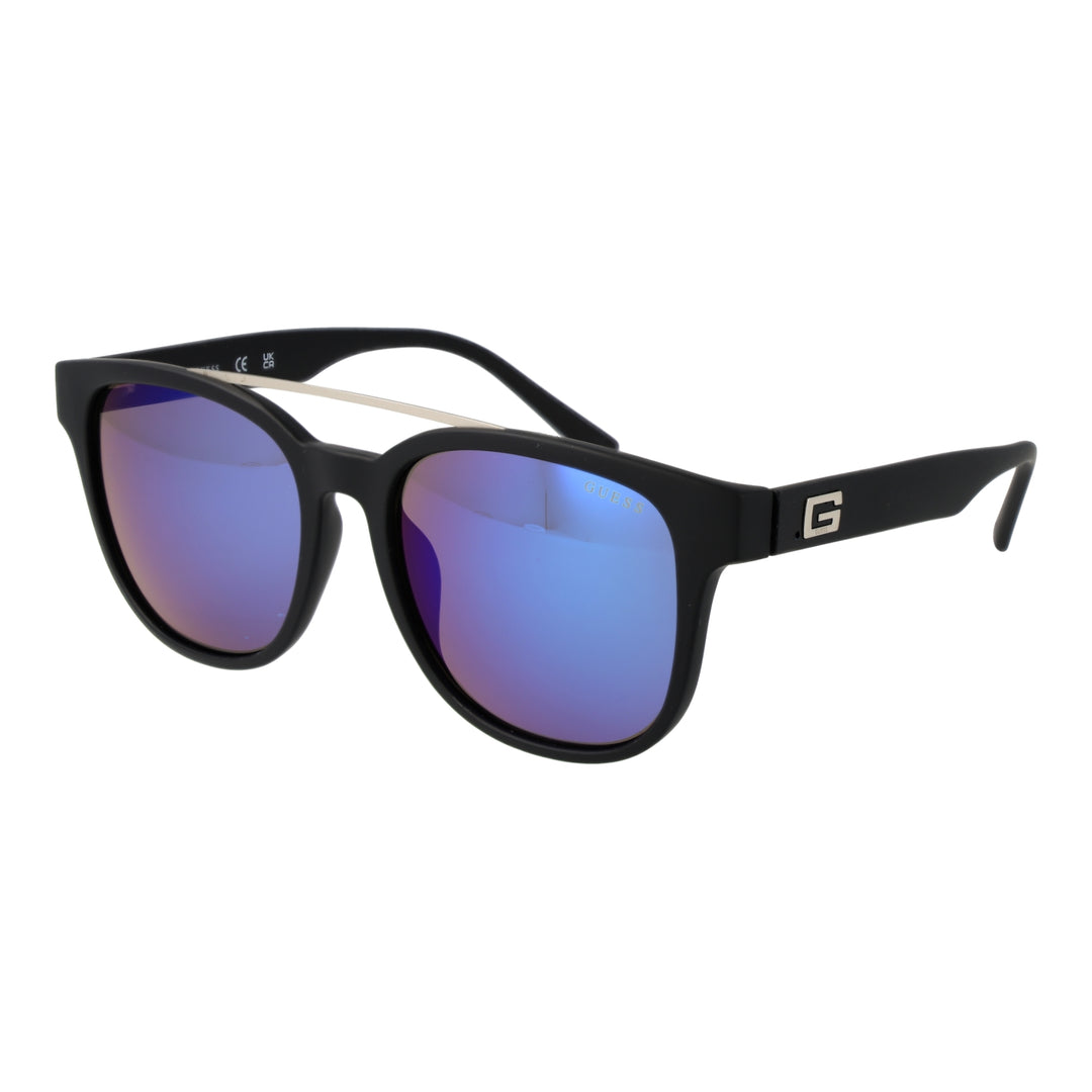 Unisex black plastic sunglasses with blue‑purple mirrored lenses and thin metal bridge, temple logo visible